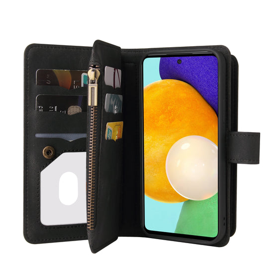KT Multi-functional Series-2 Multiple Card Slots Hands-free Stand Mobile Phone Flip Cover for Samsung Galaxy A52s 5G/A52 4G/5G, Skin-touch Feel Leather Case with Zipper Pocket