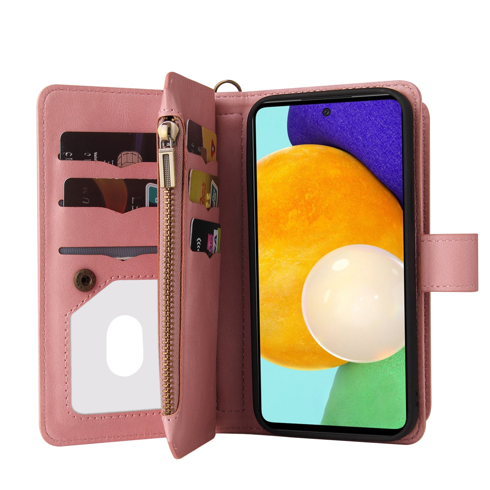 KT Multi-functional Series-2 Multiple Card Slots Hands-free Stand Mobile Phone Flip Cover for Samsung Galaxy A52s 5G/A52 4G/5G, Skin-touch Feel Leather Case with Zipper Pocket