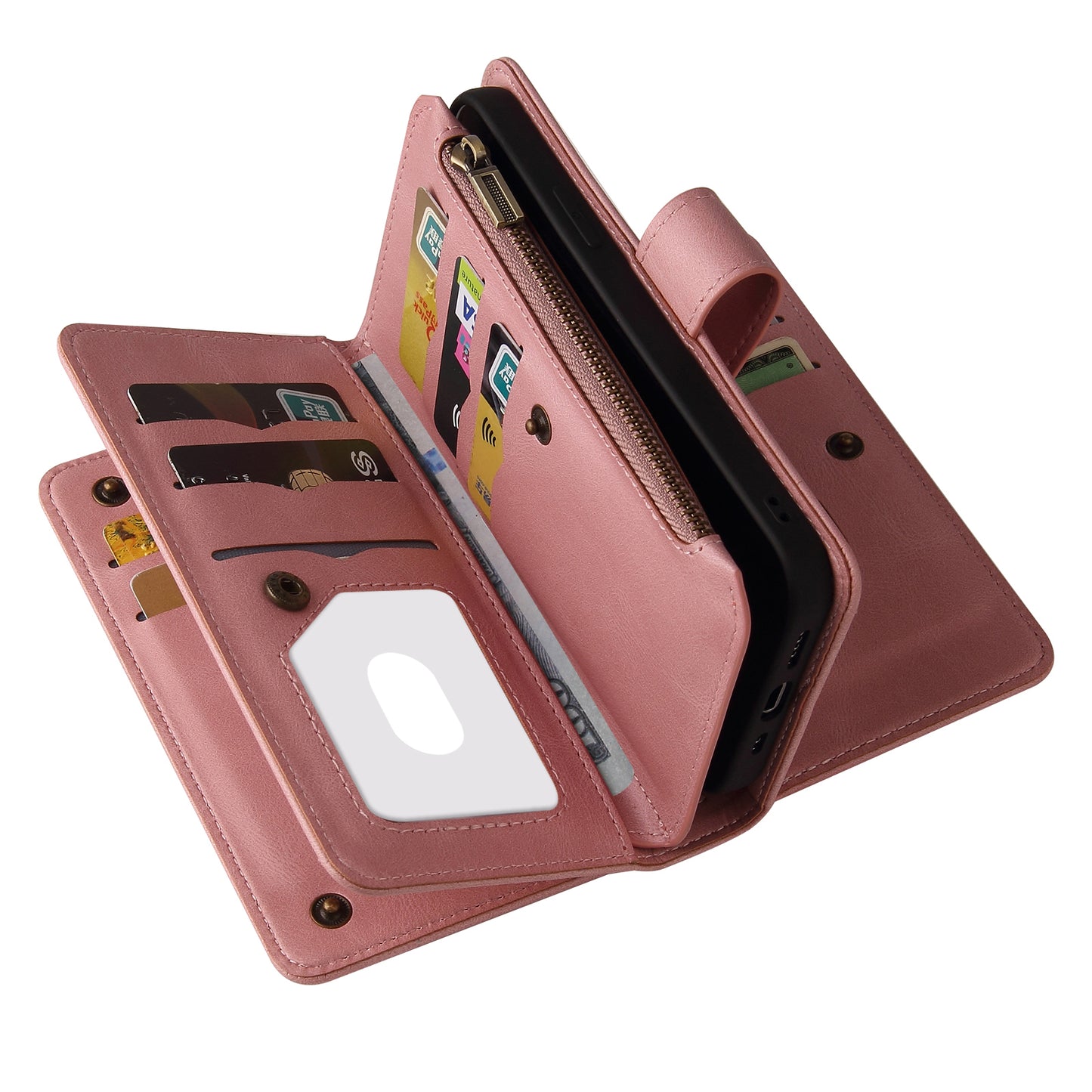 KT Multi-functional Series-2 Multiple Card Slots Hands-free Stand Mobile Phone Flip Cover for Samsung Galaxy A52s 5G/A52 4G/5G, Skin-touch Feel Leather Case with Zipper Pocket