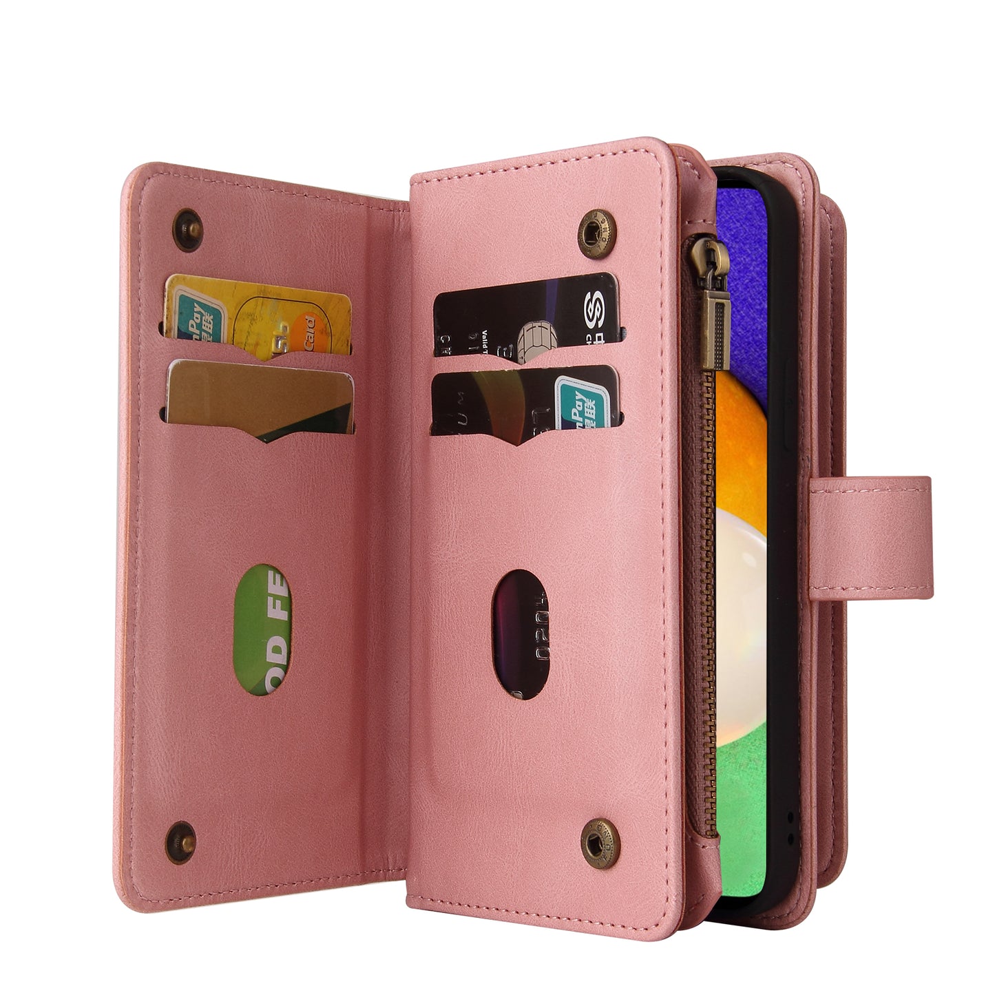 KT Multi-functional Series-2 Multiple Card Slots Hands-free Stand Mobile Phone Flip Cover for Samsung Galaxy A52s 5G/A52 4G/5G, Skin-touch Feel Leather Case with Zipper Pocket