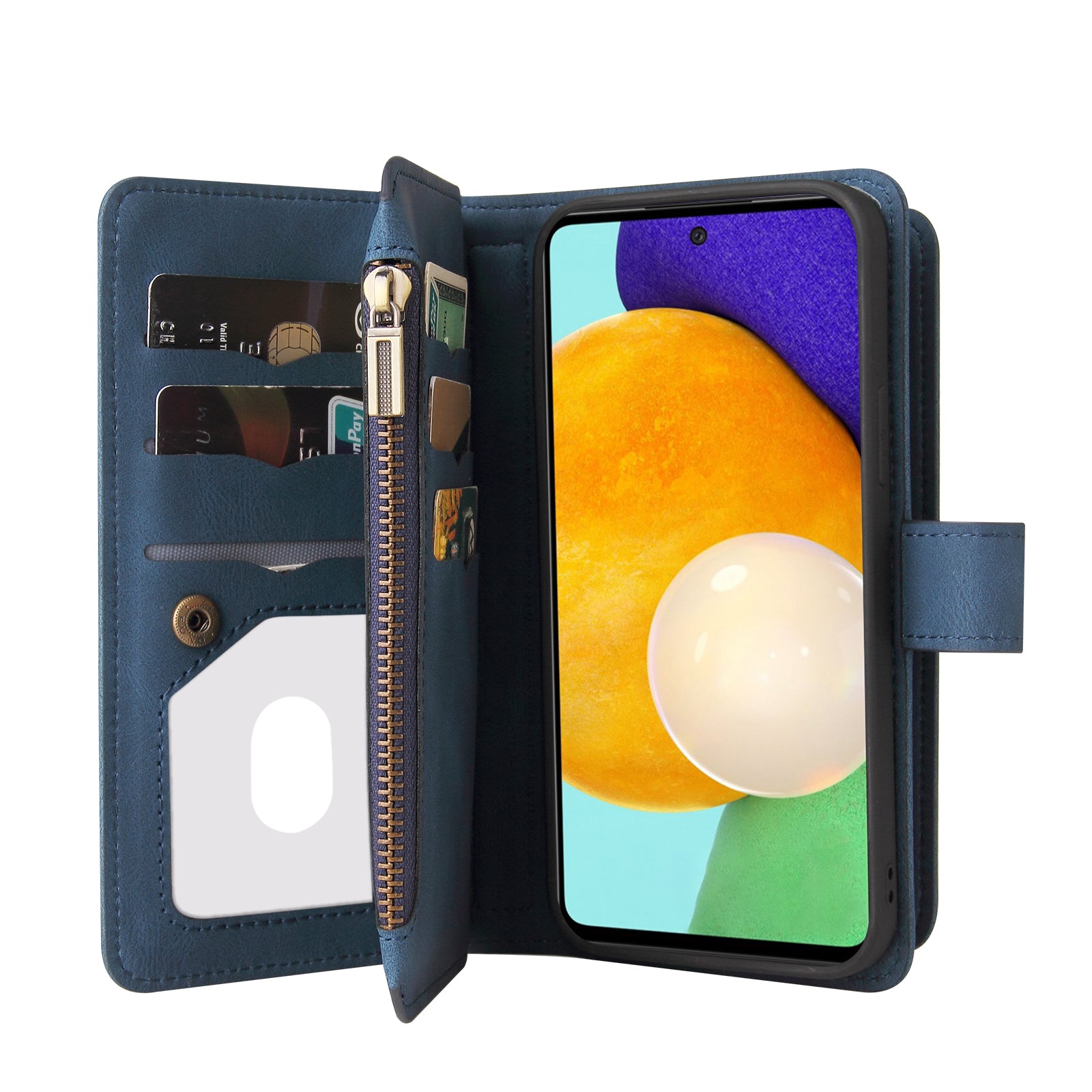 KT Multi-functional Series-2 Multiple Card Slots Hands-free Stand Mobile Phone Flip Cover for Samsung Galaxy A52s 5G/A52 4G/5G, Skin-touch Feel Leather Case with Zipper Pocket