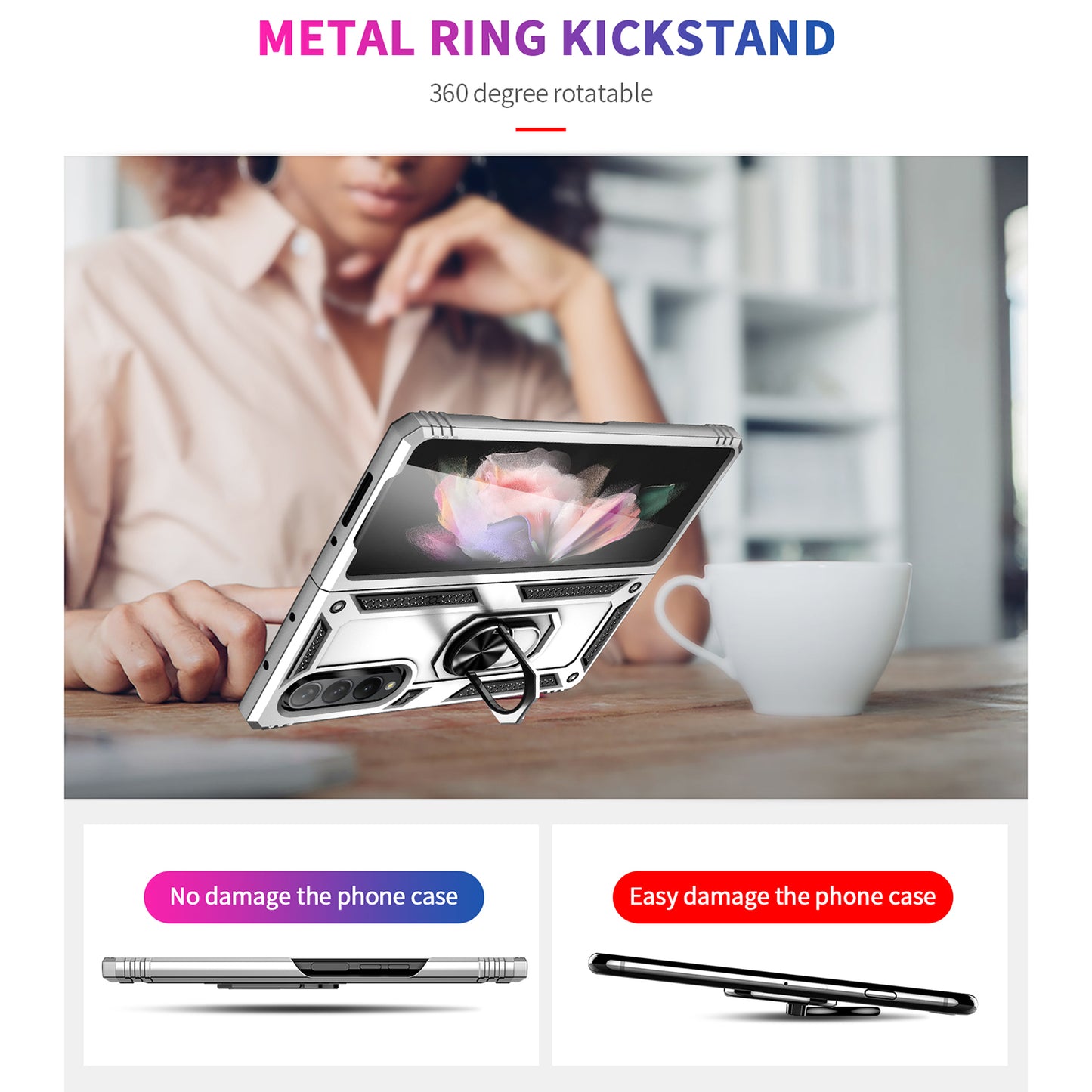 Ring Holder Kickstand Design Anti-fall PC + TPU + Metal Hybrid Phone Cover Shell for Samsung Galaxy Z Fold3 5G