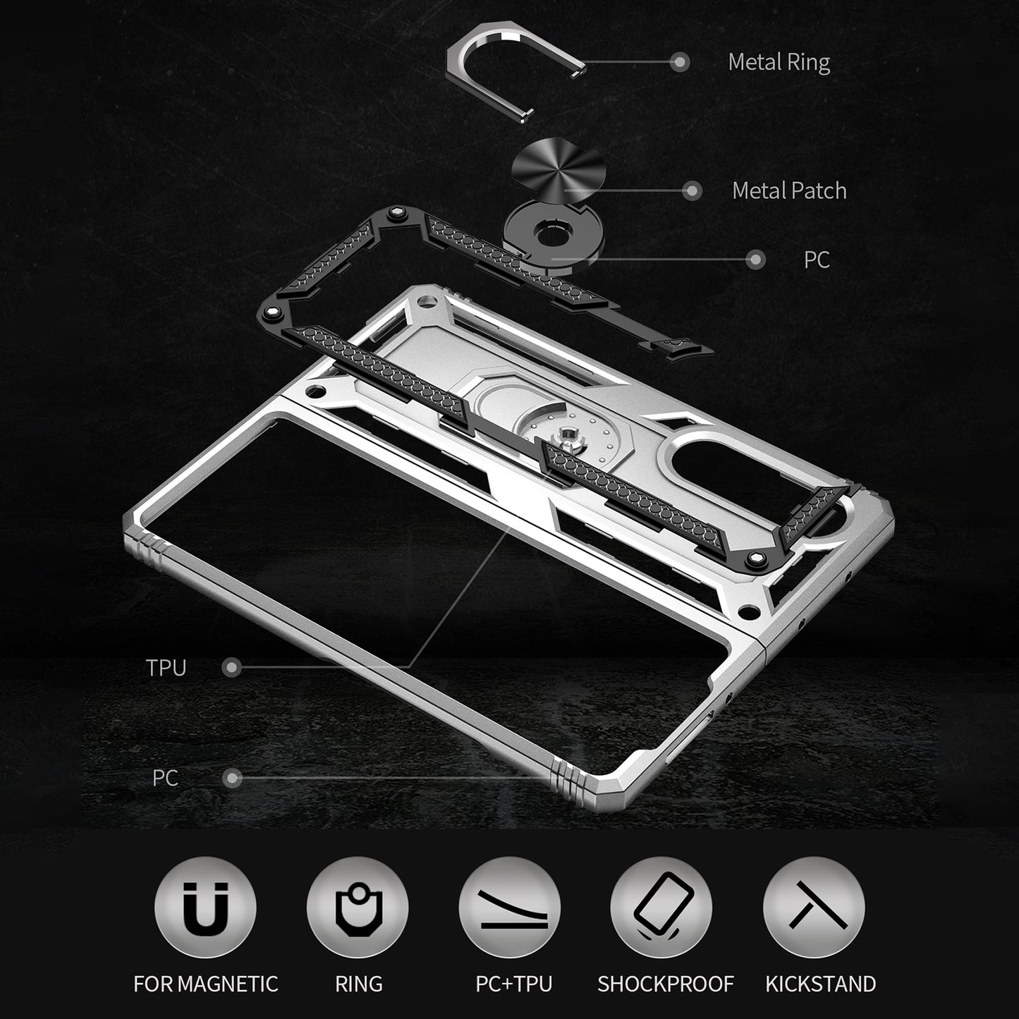 Ring Holder Kickstand Design Anti-fall PC + TPU + Metal Hybrid Phone Cover Shell for Samsung Galaxy Z Fold3 5G