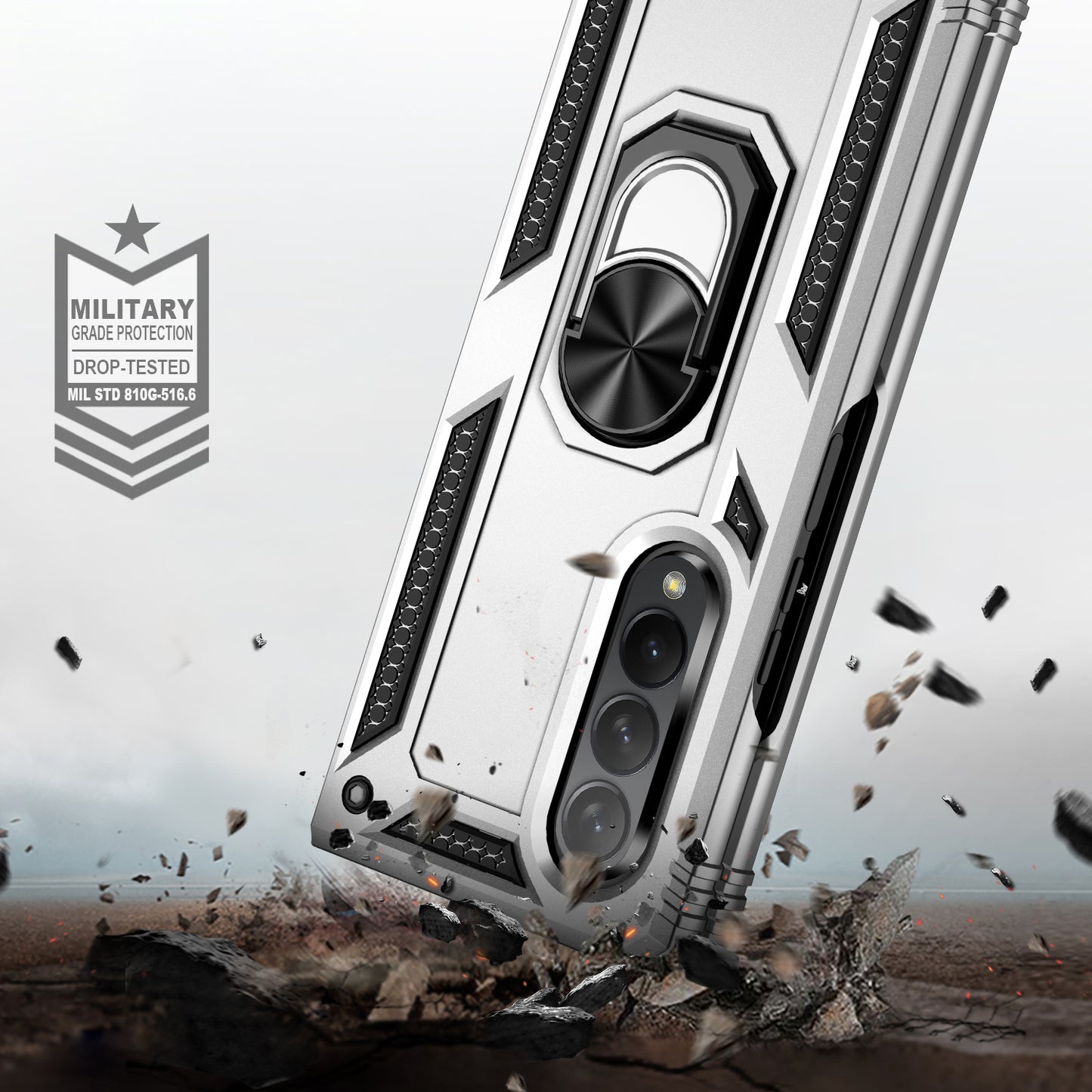 Ring Holder Kickstand Design Anti-fall PC + TPU + Metal Hybrid Phone Cover Shell for Samsung Galaxy Z Fold3 5G