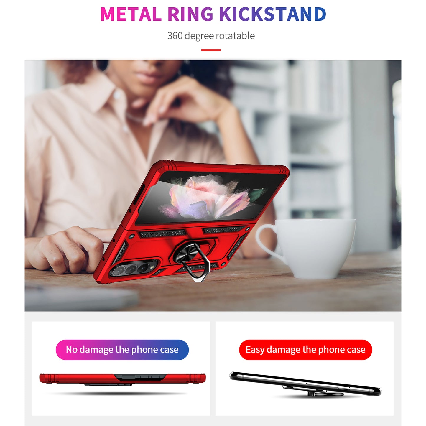 Ring Holder Kickstand Design Anti-fall PC + TPU + Metal Hybrid Phone Cover Shell for Samsung Galaxy Z Fold3 5G
