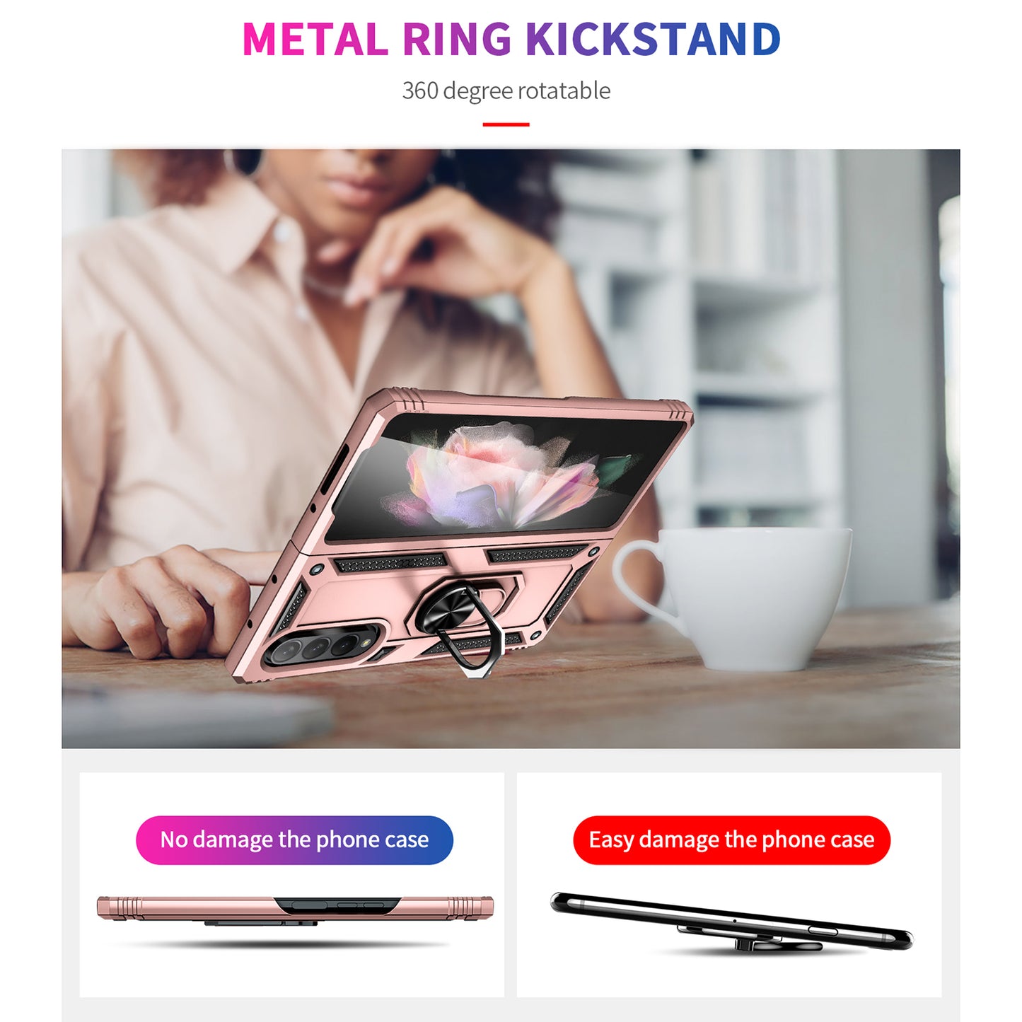 Ring Holder Kickstand Design Anti-fall PC + TPU + Metal Hybrid Phone Cover Shell for Samsung Galaxy Z Fold3 5G