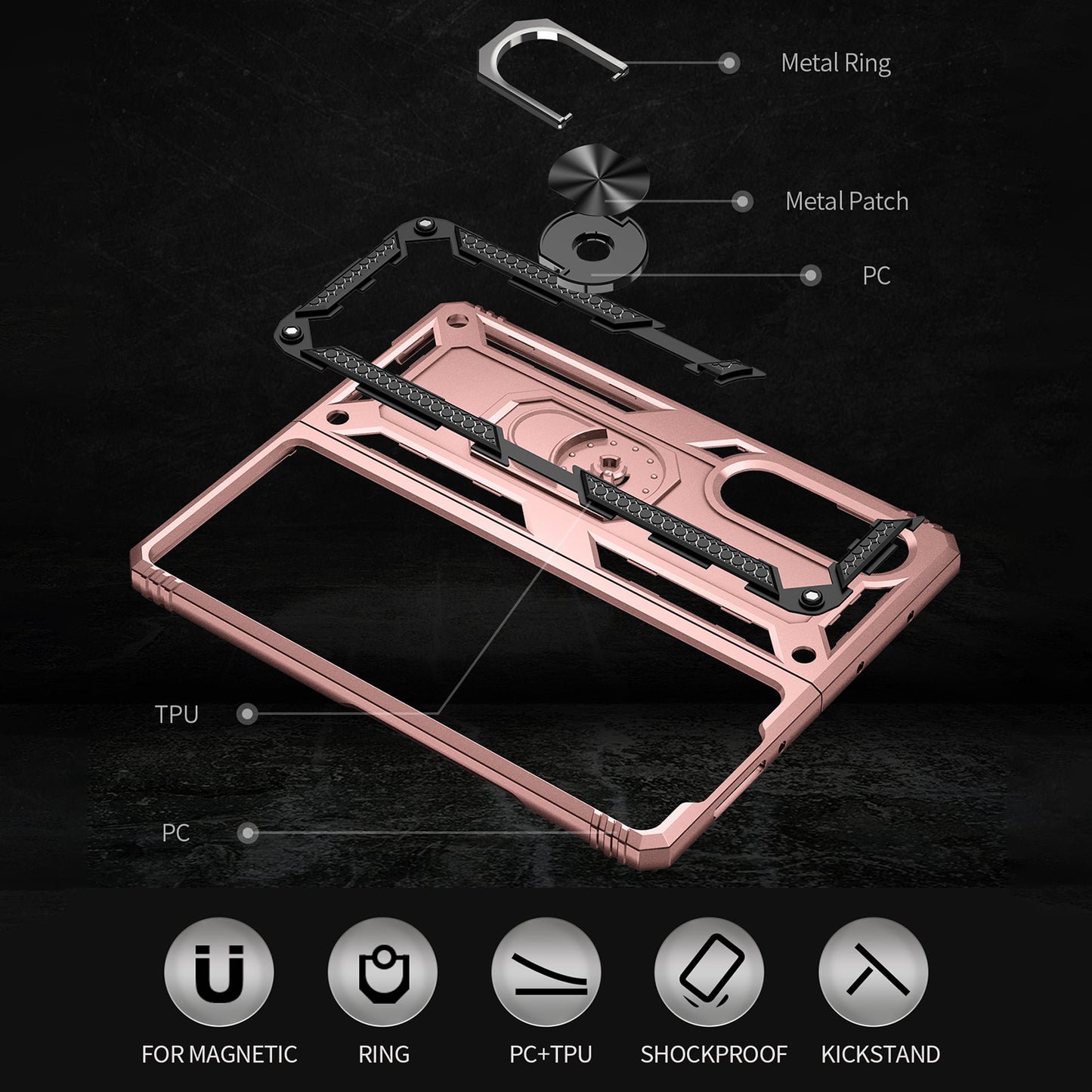 Ring Holder Kickstand Design Anti-fall PC + TPU + Metal Hybrid Phone Cover Shell for Samsung Galaxy Z Fold3 5G