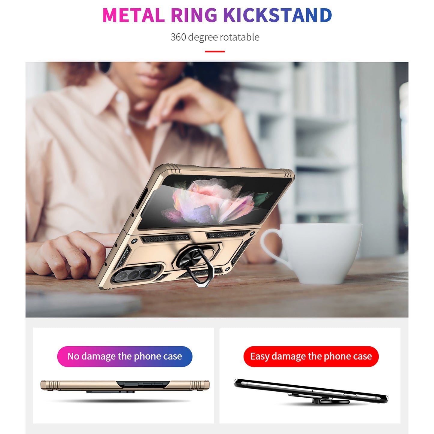 Ring Holder Kickstand Design Anti-fall PC + TPU + Metal Hybrid Phone Cover Shell for Samsung Galaxy Z Fold3 5G