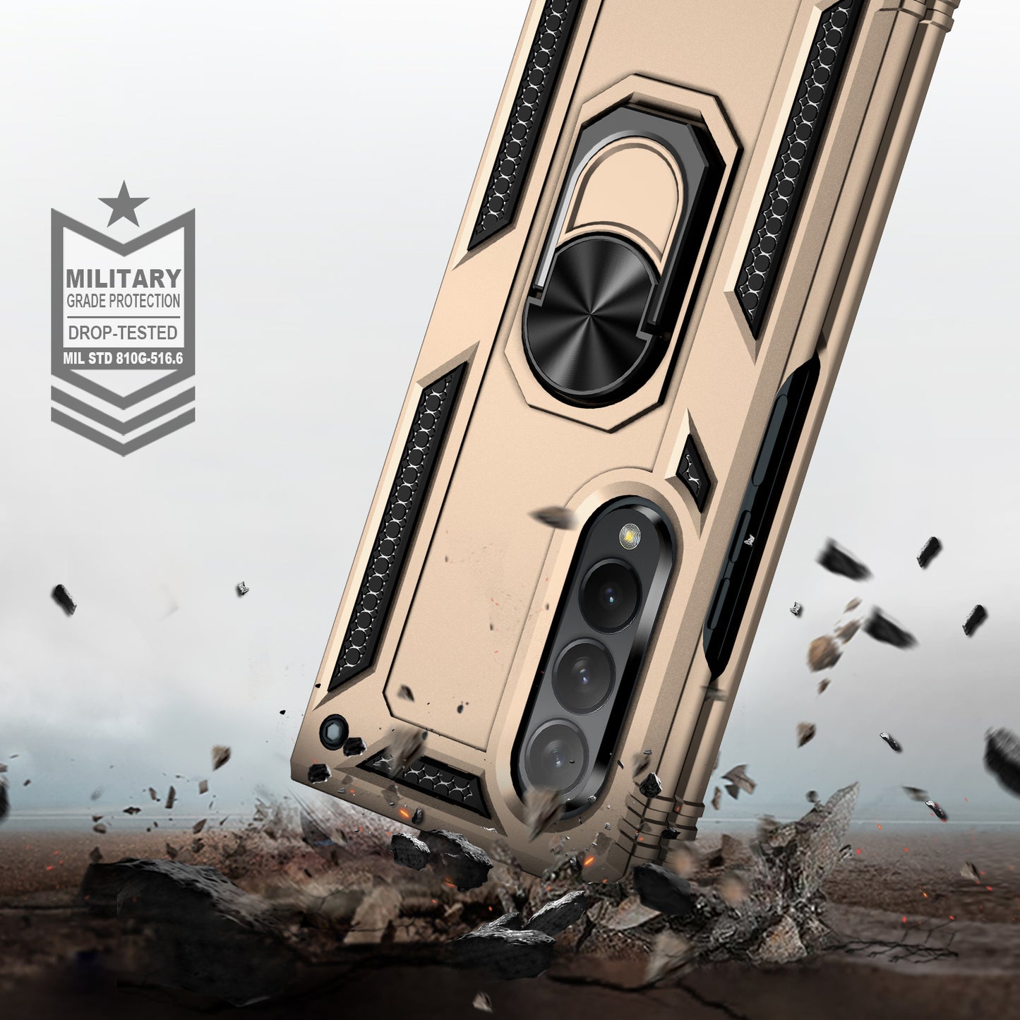Ring Holder Kickstand Design Anti-fall PC + TPU + Metal Hybrid Phone Cover Shell for Samsung Galaxy Z Fold3 5G
