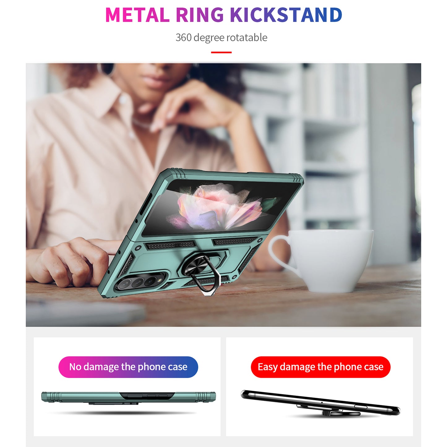 Ring Holder Kickstand Design Anti-fall PC + TPU + Metal Hybrid Phone Cover Shell for Samsung Galaxy Z Fold3 5G
