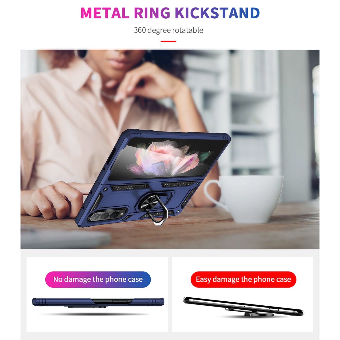 Ring Holder Kickstand Design Anti-fall PC + TPU + Metal Hybrid Phone Cover Shell for Samsung Galaxy Z Fold3 5G