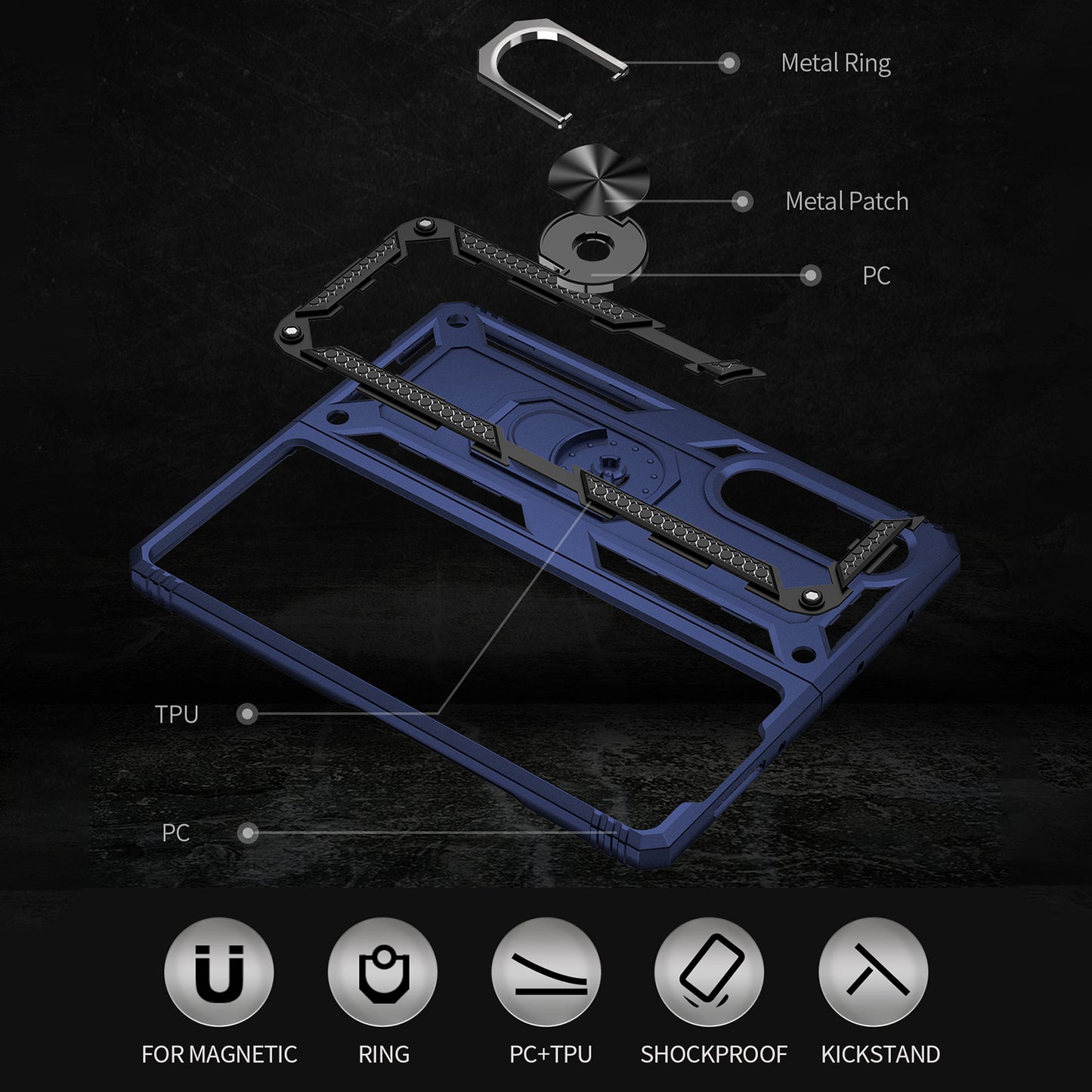 Ring Holder Kickstand Design Anti-fall PC + TPU + Metal Hybrid Phone Cover Shell for Samsung Galaxy Z Fold3 5G