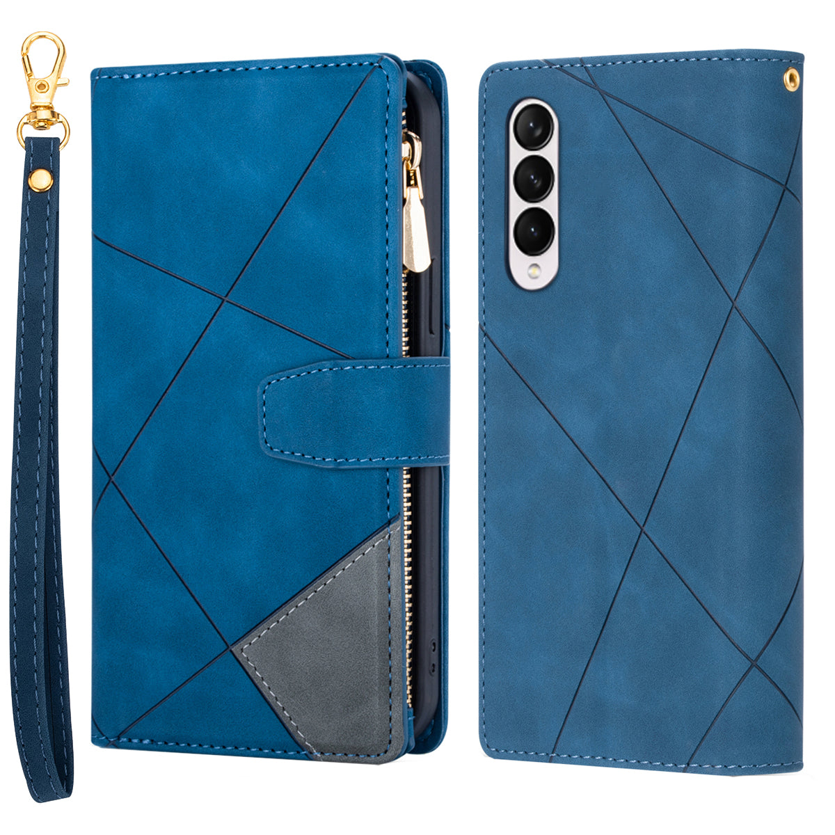 Color Splicing Imprinting Lines Design Leather Phone Cover Wallet Stand Case with Zipper Pocket for Samsung Galaxy Z Fold3 5G