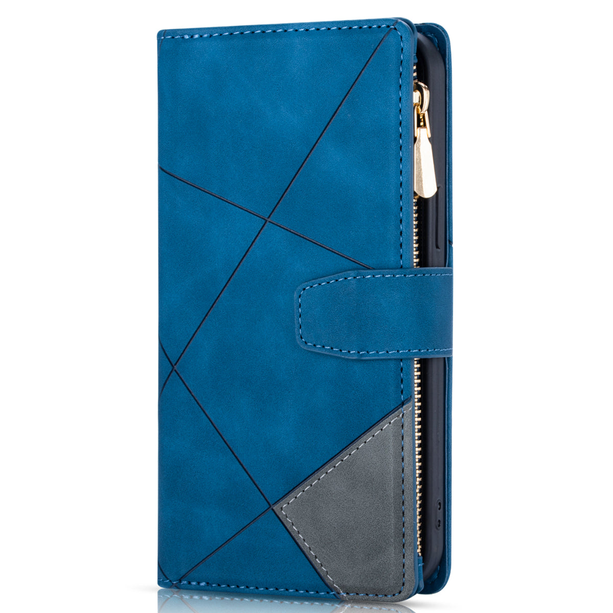 Color Splicing Imprinting Lines Design Leather Phone Cover Wallet Stand Case with Zipper Pocket for Samsung Galaxy Z Fold3 5G