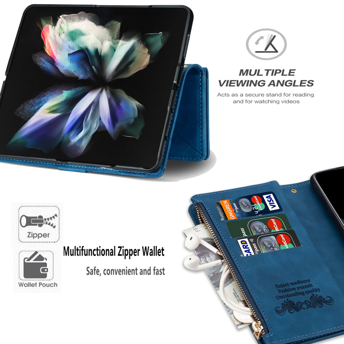 Color Splicing Imprinting Lines Design Leather Phone Cover Wallet Stand Case with Zipper Pocket for Samsung Galaxy Z Fold3 5G