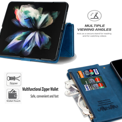Color Splicing Imprinting Lines Design Leather Phone Cover Wallet Stand Case with Zipper Pocket for Samsung Galaxy Z Fold3 5G