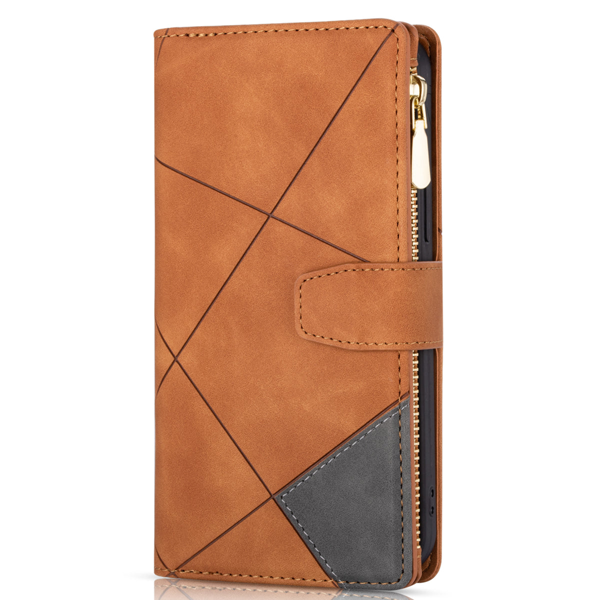 Color Splicing Imprinting Lines Design Leather Phone Cover Wallet Stand Case with Zipper Pocket for Samsung Galaxy Z Fold3 5G