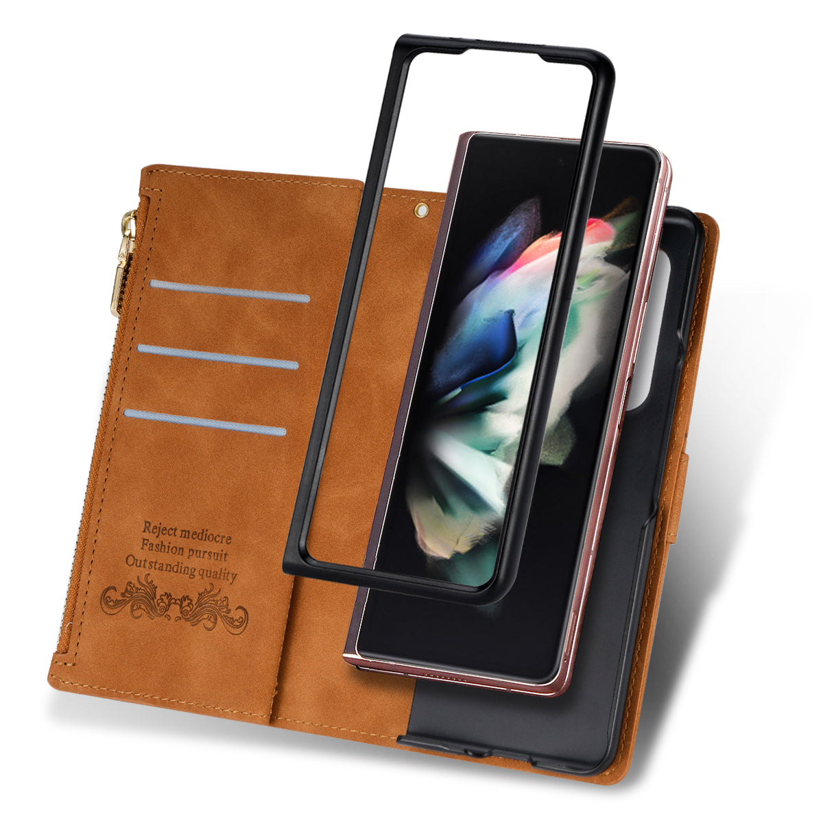 Color Splicing Imprinting Lines Design Leather Phone Cover Wallet Stand Case with Zipper Pocket for Samsung Galaxy Z Fold3 5G
