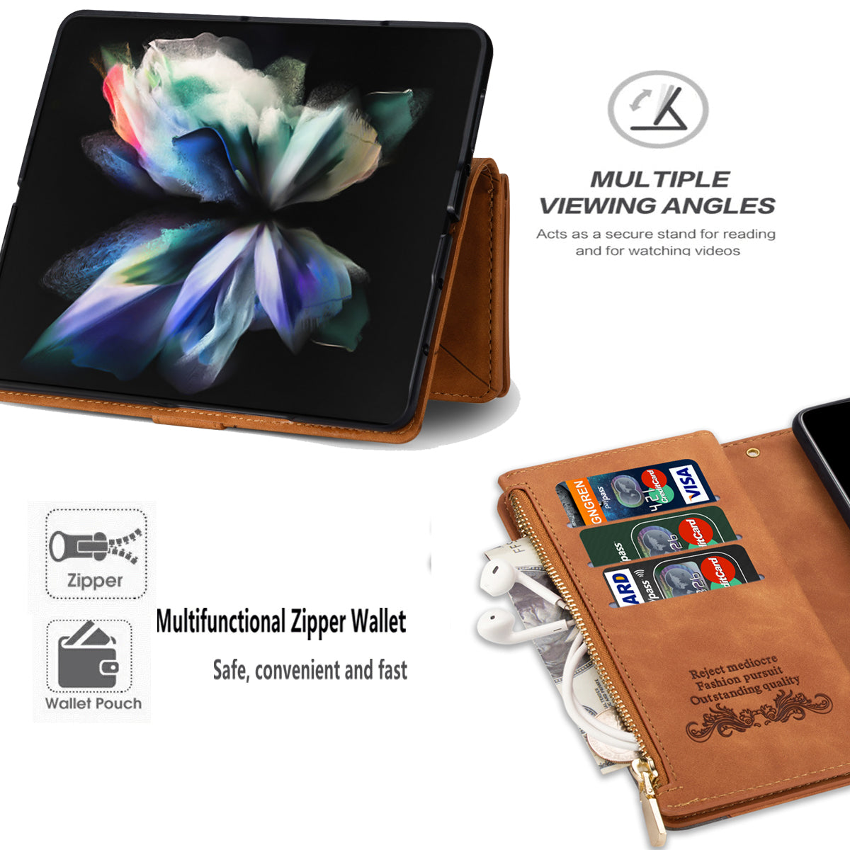 Color Splicing Imprinting Lines Design Leather Phone Cover Wallet Stand Case with Zipper Pocket for Samsung Galaxy Z Fold3 5G