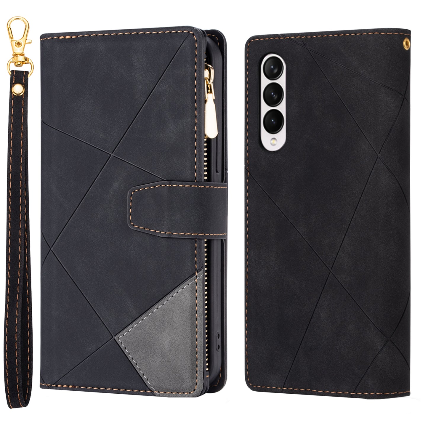 Color Splicing Imprinting Lines Design Leather Phone Cover Wallet Stand Case with Zipper Pocket for Samsung Galaxy Z Fold3 5G