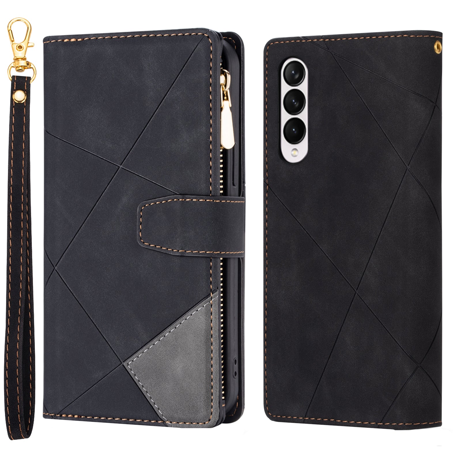 Color Splicing Imprinting Lines Design Leather Phone Cover Wallet Stand Case with Zipper Pocket for Samsung Galaxy Z Fold3 5G