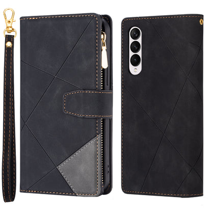 Color Splicing Imprinting Lines Design Leather Phone Cover Wallet Stand Case with Zipper Pocket for Samsung Galaxy Z Fold3 5G