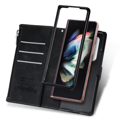Color Splicing Imprinting Lines Design Leather Phone Cover Wallet Stand Case with Zipper Pocket for Samsung Galaxy Z Fold3 5G
