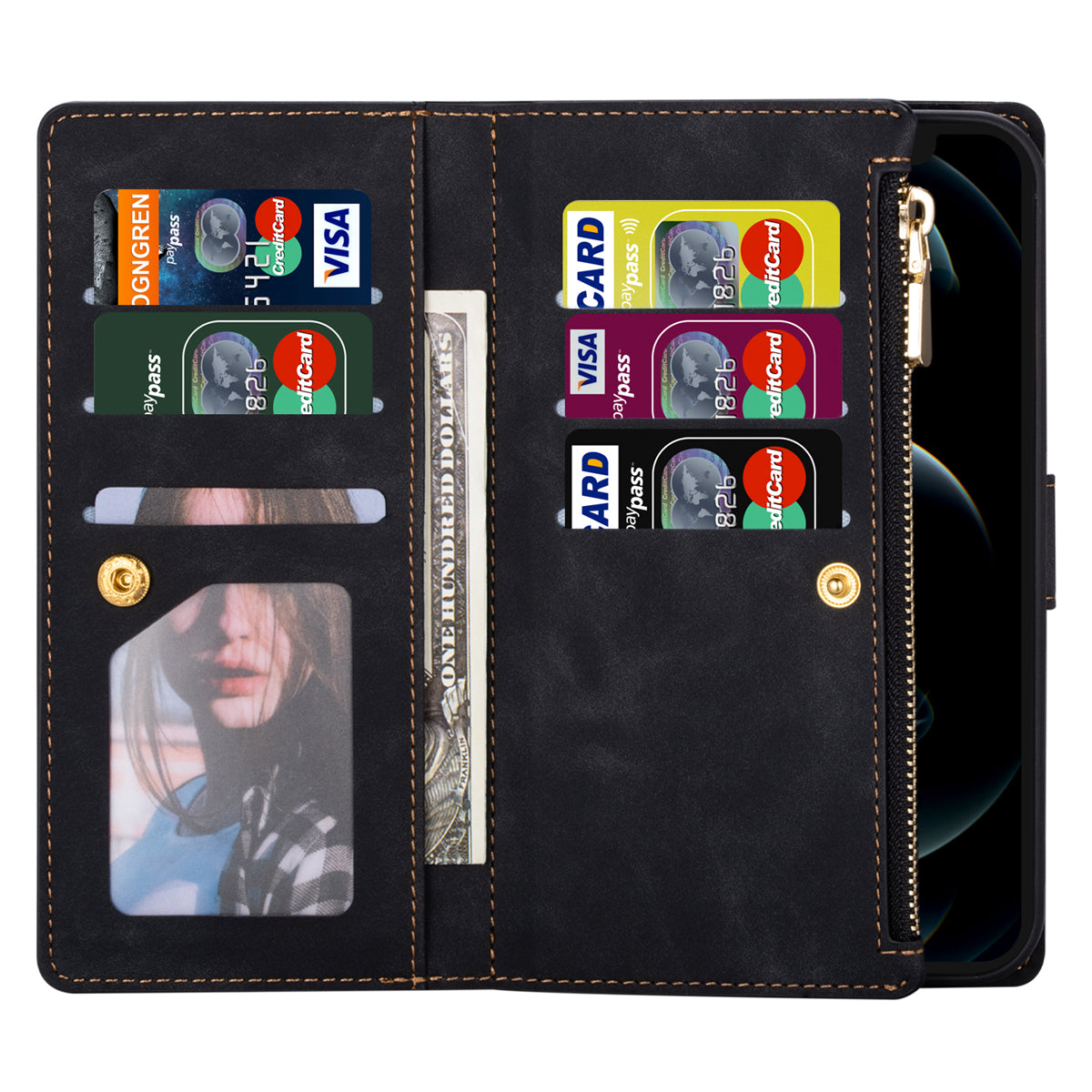 Color Splicing Imprinting Lines Design Leather Phone Cover Wallet Stand Case with Zipper Pocket for Samsung Galaxy Z Fold3 5G