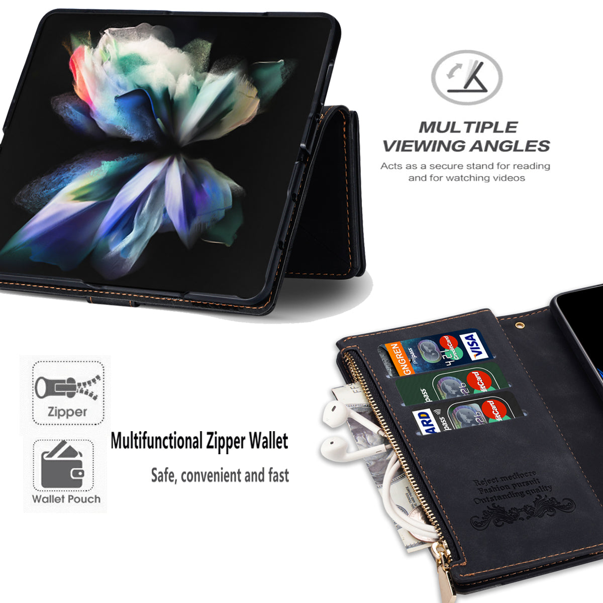 Color Splicing Imprinting Lines Design Leather Phone Cover Wallet Stand Case with Zipper Pocket for Samsung Galaxy Z Fold3 5G