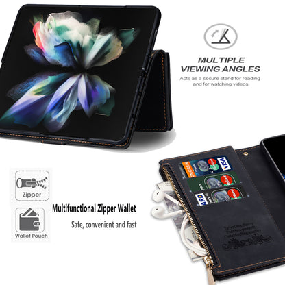 Color Splicing Imprinting Lines Design Leather Phone Cover Wallet Stand Case with Zipper Pocket for Samsung Galaxy Z Fold3 5G
