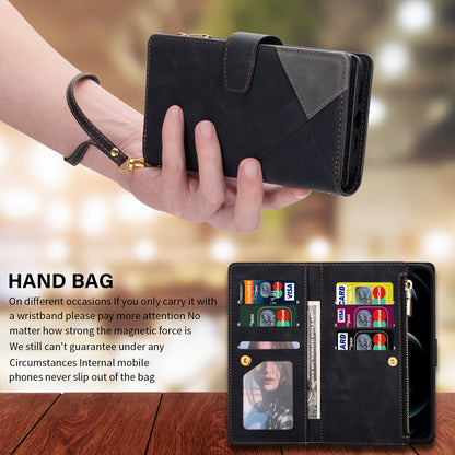 Color Splicing Imprinting Lines Design Leather Phone Cover Wallet Stand Case with Zipper Pocket for Samsung Galaxy Z Fold3 5G