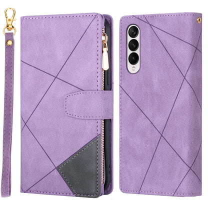 Color Splicing Imprinting Lines Design Leather Phone Cover Wallet Stand Case with Zipper Pocket for Samsung Galaxy Z Fold3 5G