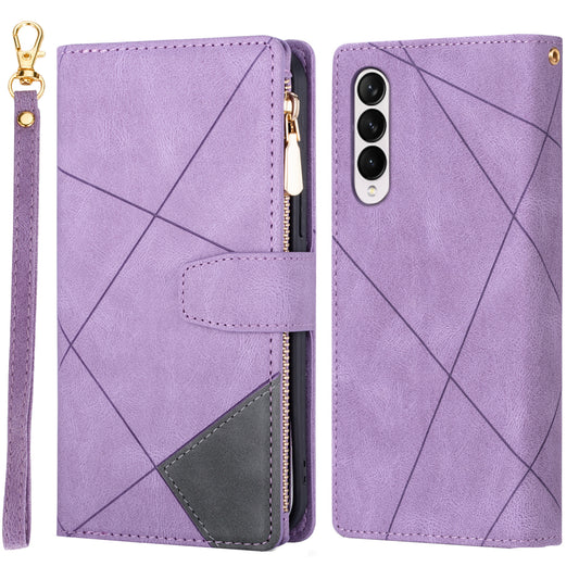 Color Splicing Imprinting Lines Design Leather Phone Cover Wallet Stand Case with Zipper Pocket for Samsung Galaxy Z Fold3 5G