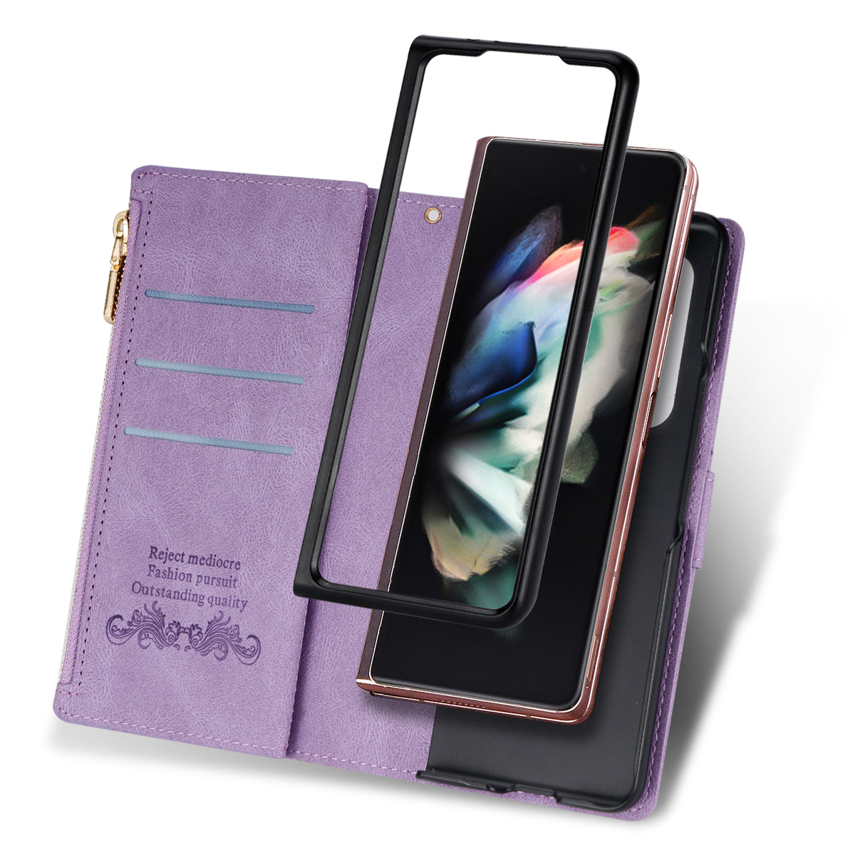 Color Splicing Imprinting Lines Design Leather Phone Cover Wallet Stand Case with Zipper Pocket for Samsung Galaxy Z Fold3 5G
