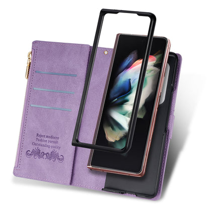Color Splicing Imprinting Lines Design Leather Phone Cover Wallet Stand Case with Zipper Pocket for Samsung Galaxy Z Fold3 5G