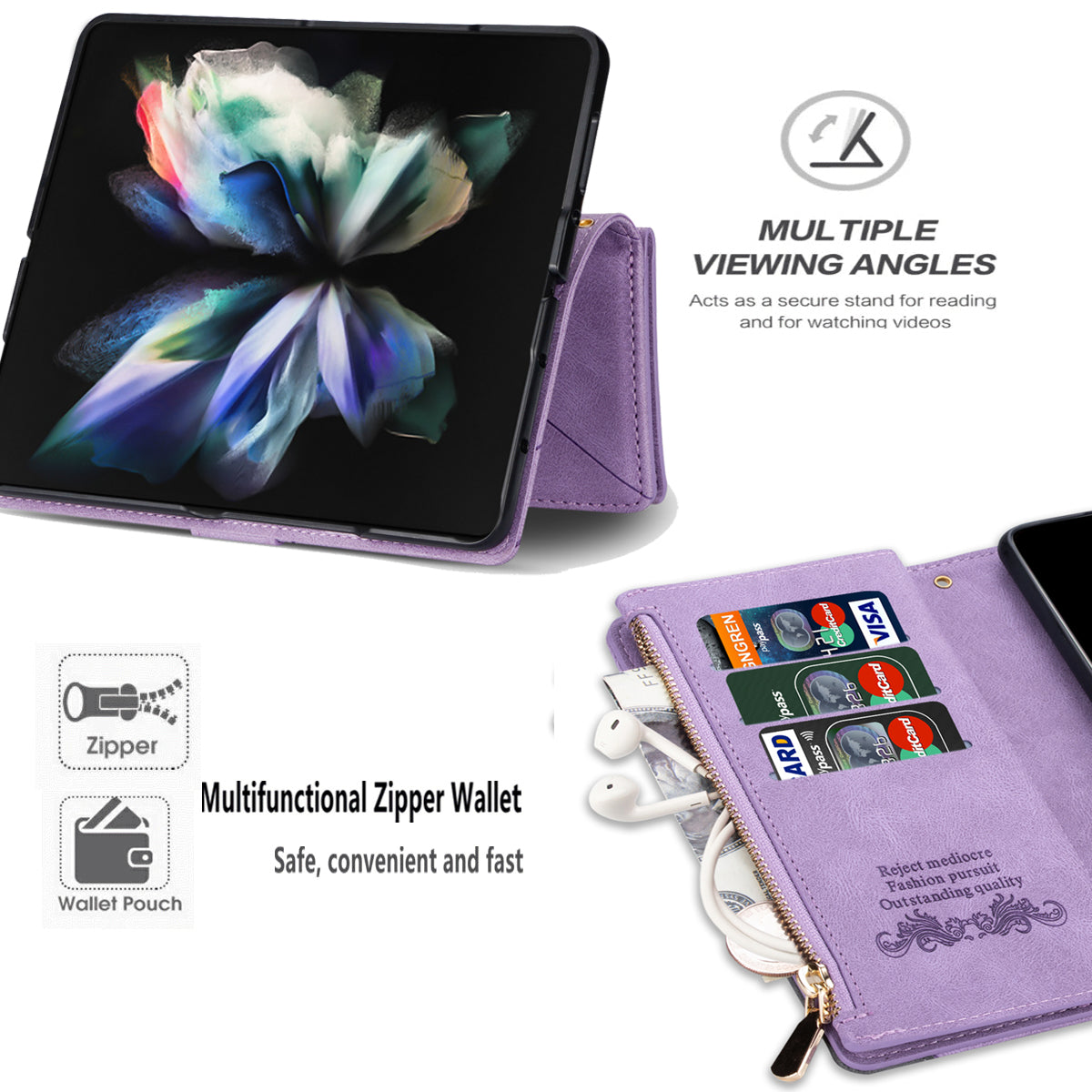 Color Splicing Imprinting Lines Design Leather Phone Cover Wallet Stand Case with Zipper Pocket for Samsung Galaxy Z Fold3 5G