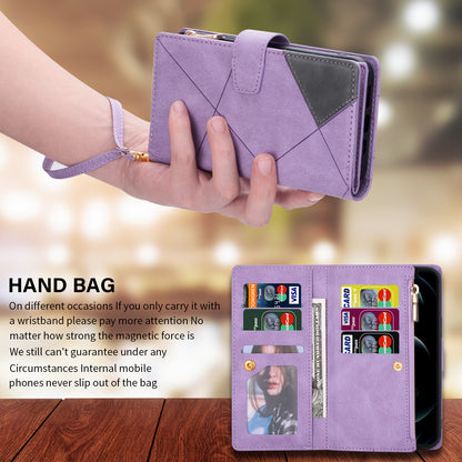 Color Splicing Imprinting Lines Design Leather Phone Cover Wallet Stand Case with Zipper Pocket for Samsung Galaxy Z Fold3 5G