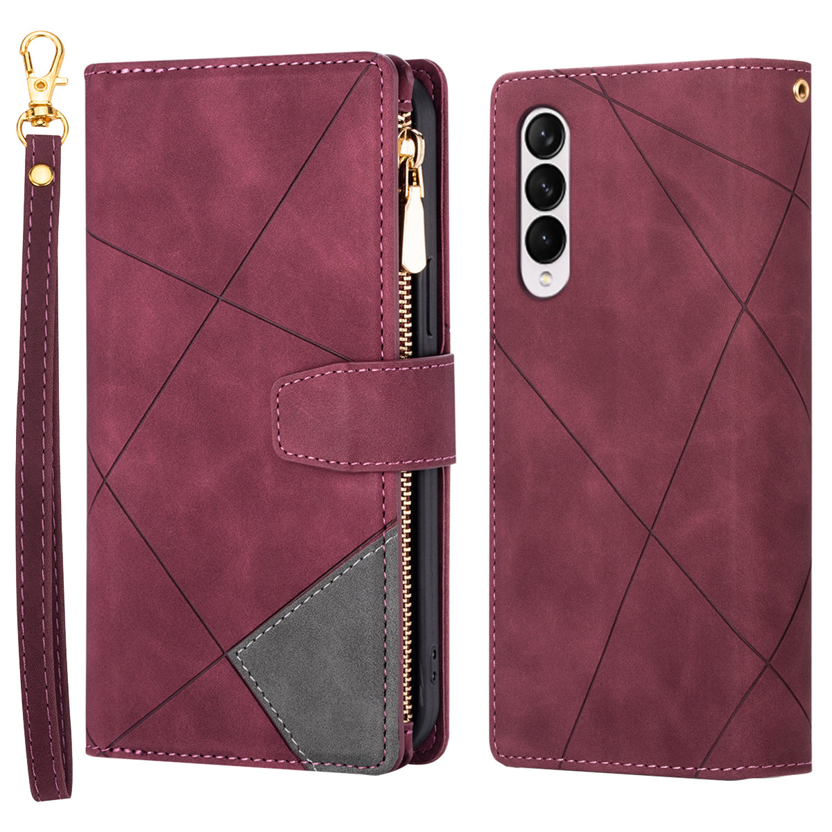 Color Splicing Imprinting Lines Design Leather Phone Cover Wallet Stand Case with Zipper Pocket for Samsung Galaxy Z Fold3 5G