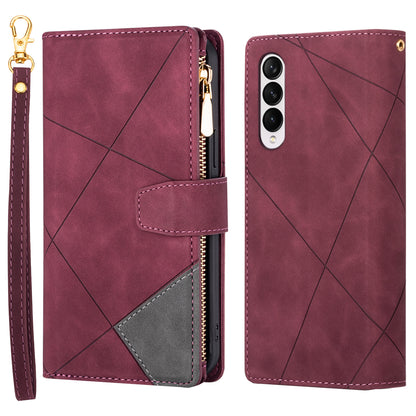 Color Splicing Imprinting Lines Design Leather Phone Cover Wallet Stand Case with Zipper Pocket for Samsung Galaxy Z Fold3 5G