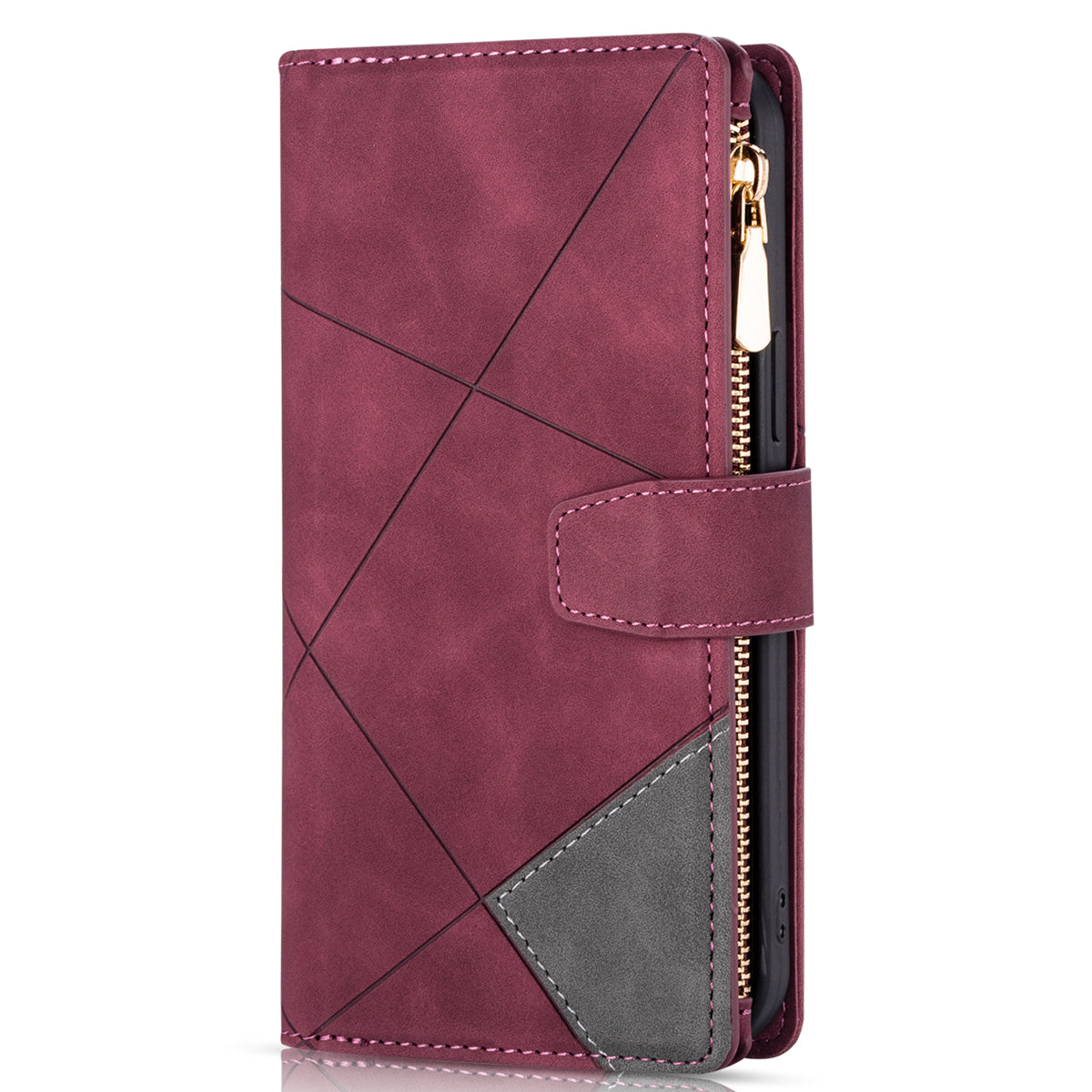 Color Splicing Imprinting Lines Design Leather Phone Cover Wallet Stand Case with Zipper Pocket for Samsung Galaxy Z Fold3 5G