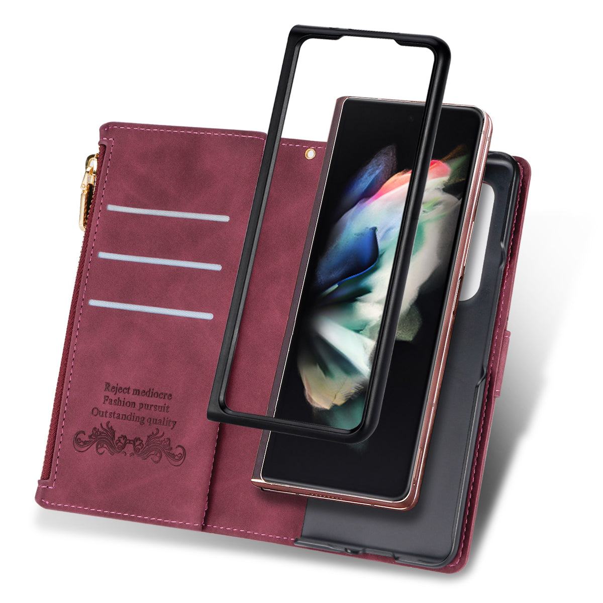 Color Splicing Imprinting Lines Design Leather Phone Cover Wallet Stand Case with Zipper Pocket for Samsung Galaxy Z Fold3 5G
