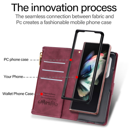Color Splicing Imprinting Lines Design Leather Phone Cover Wallet Stand Case with Zipper Pocket for Samsung Galaxy Z Fold3 5G