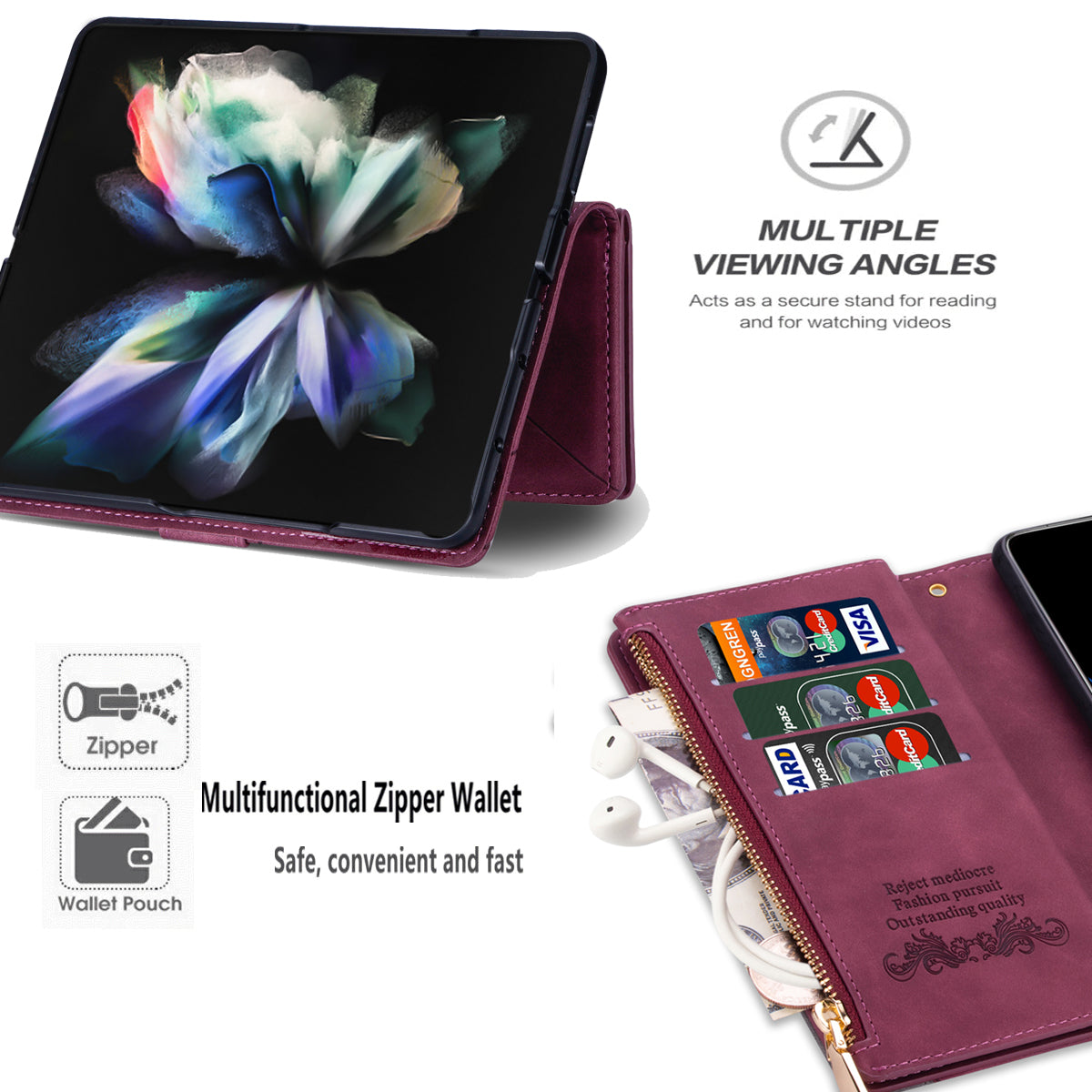 Color Splicing Imprinting Lines Design Leather Phone Cover Wallet Stand Case with Zipper Pocket for Samsung Galaxy Z Fold3 5G