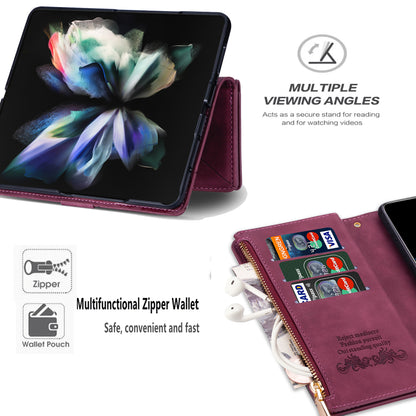Color Splicing Imprinting Lines Design Leather Phone Cover Wallet Stand Case with Zipper Pocket for Samsung Galaxy Z Fold3 5G