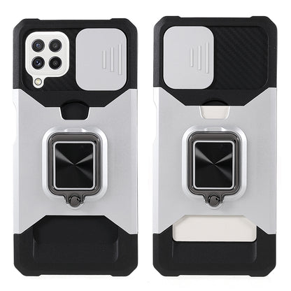 2 in 1 Camera Slider Design Hybrid Phone Case Cover with Kickstand and Card Holder for Samsung Galaxy A22 4G (EU Version)