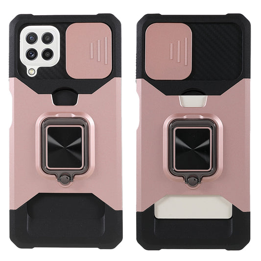 2 in 1 Camera Slider Design Hybrid Phone Case Cover with Kickstand and Card Holder for Samsung Galaxy A22 4G (EU Version)