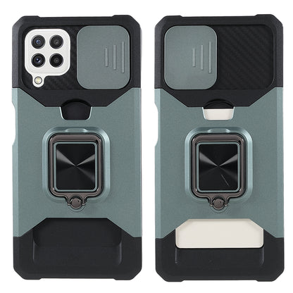 2 in 1 Camera Slider Design Hybrid Phone Case Cover with Kickstand and Card Holder for Samsung Galaxy A22 4G (EU Version)