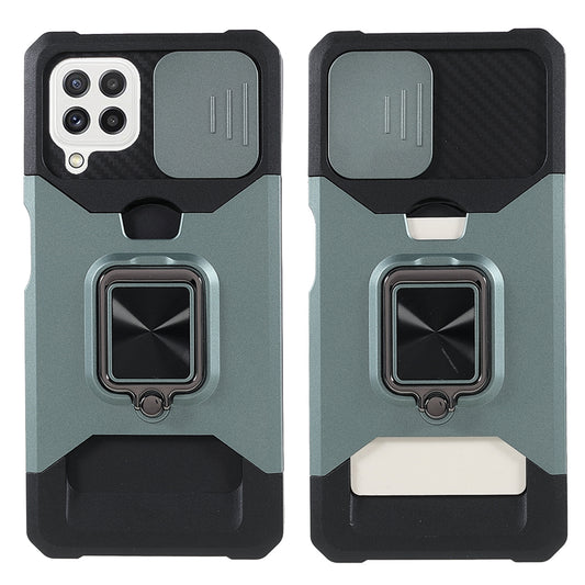 2 in 1 Camera Slider Design Hybrid Phone Case Cover with Kickstand and Card Holder for Samsung Galaxy A22 4G (EU Version)
