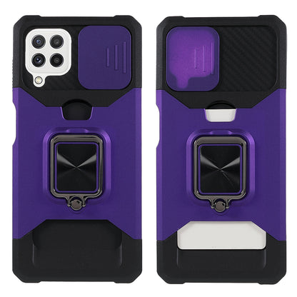 2 in 1 Camera Slider Design Hybrid Phone Case Cover with Kickstand and Card Holder for Samsung Galaxy A22 4G (EU Version)