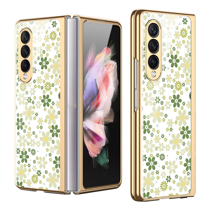 GKK Floral Pattern Printing Tempered Glass + Hard PC Electroplate Edge IMD Protective Back Cover for Samsung Galaxy Z Fold3 5G